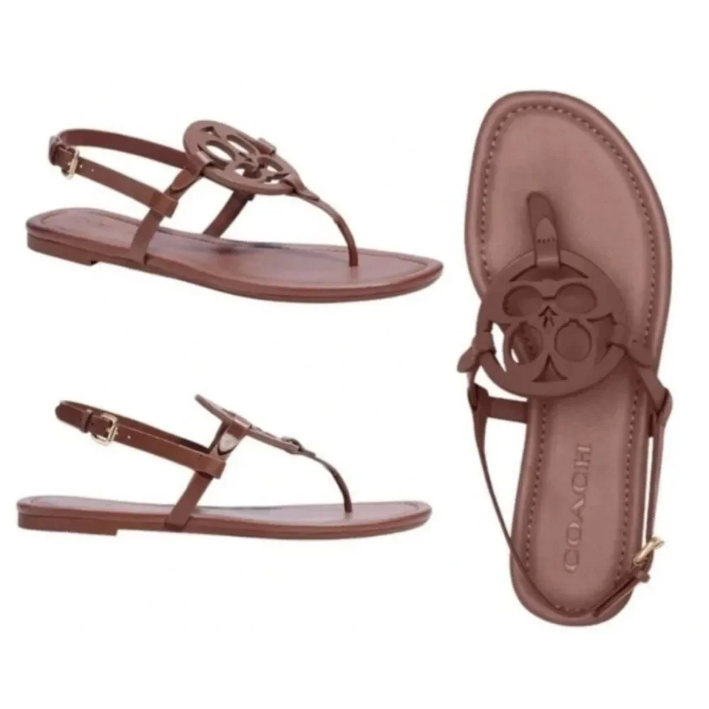 Coach - NEW Jaci Leather Logo Brown Thong Slingback Sandals - Size 5.5B